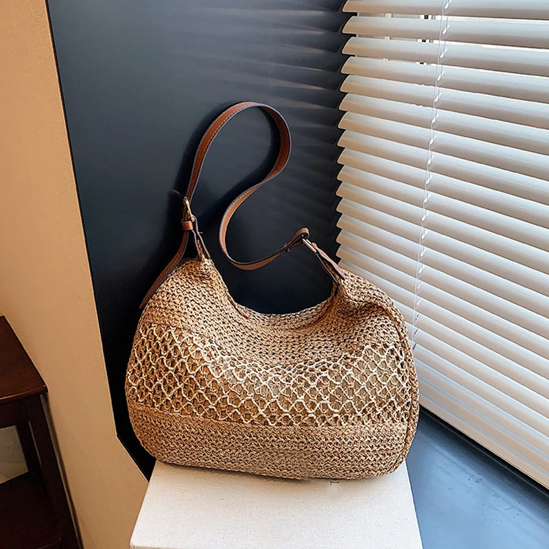 Large Capacity Summer Straw Weaving Shoulder Bag | Women's Handmade Crochet Beach Handbag & Woven Hollow Out Underarm Knitting Bag Luxegan