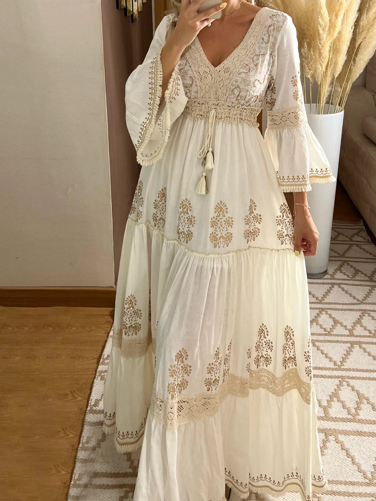 Women's Elegant Floral Print Fall Maxi Dress | Vintage V-Neck Lace Trim Holiday Dress | Classic Autumn Flare Sleeve Long Dress | Premium Tatting Slight Stretch A-Line Evening Luxegan