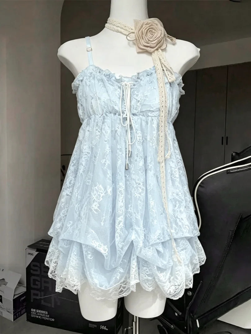 Women's Y2k Lolita Cute Mini Dress | Spicy Girls Floral Style Lace-Up Summer Dress | Elegant Square Collar Ruffle Slim Fit Vestido | Premium Tatting Regular Fit A-Line Dress Model QZ6007 Luxegan