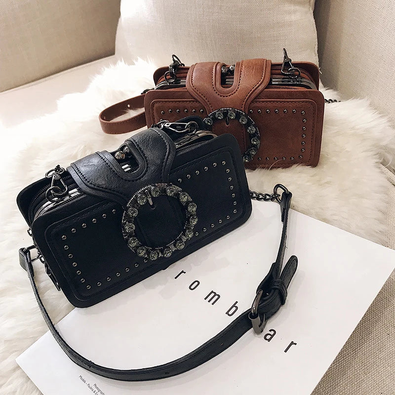 Vintage Round Rhinestone Buckle Shoulder Bag | Fashion Punk Design Top-Handle Crossbody Bag (Popular Rivets Decor Purse for Women) Luxegan