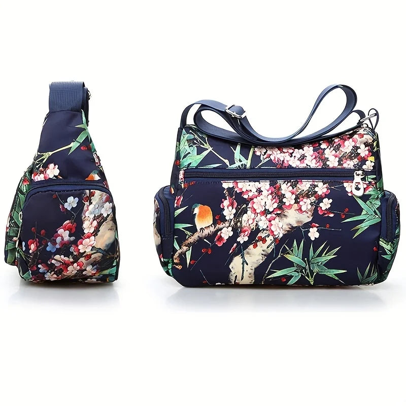 Floral Print Crossbody Bag for Women | Trendy Multi-Layer Nylon Shoulder Bag | Lightweight Travel Messenger & Satchel with Rivet Details Luxegan