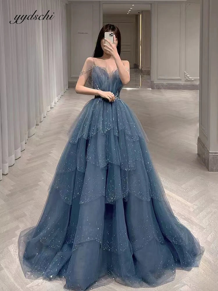 Customized Elegant Blue Straps Luxury Appliques Spaghetti A-Line Beaded Evening Dresses For Women 2026 Prom Dresses Party Dress