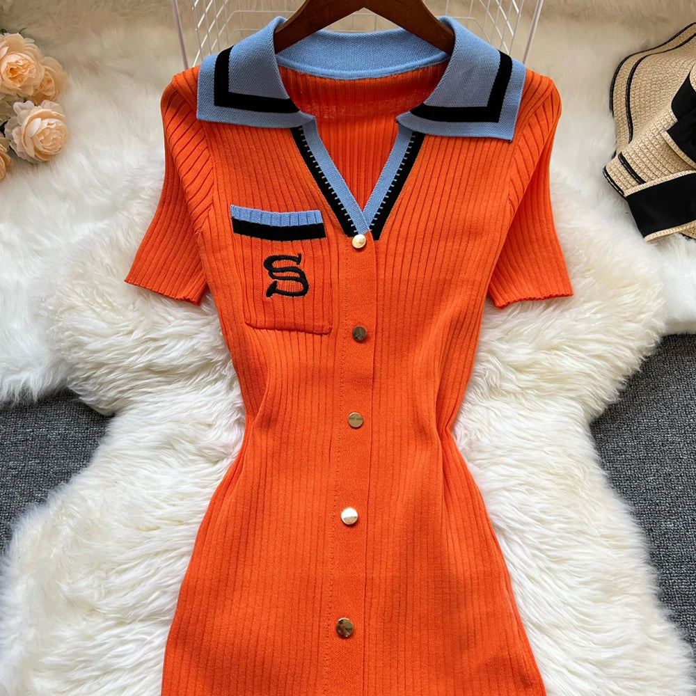 Brand Fashion Summer Knitted Bodycon Dress | Y2K Embroidered Long Sweater Dress | Short-Sleeve Turn-Down Collar Slim Streetwear Midi Luxegan