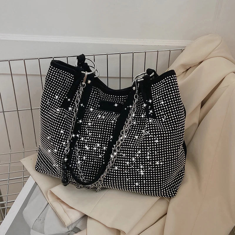 Women's Luxury Design Shopper Tote | Large-Capacity PU Leather Rhinestone Handbag Luxegan