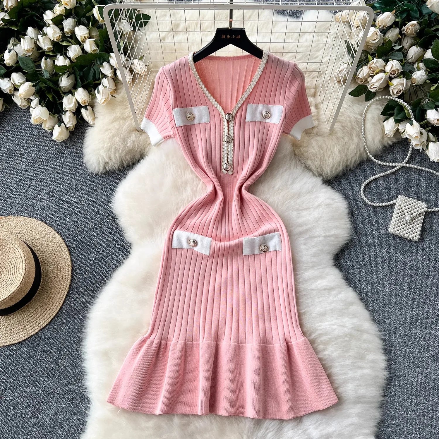 Women's Elegant Ribbed Knitted Mermaid Dress | Slim Fit V-Neck Button Sweater Dress | Office Lady Medium Stretch Bodycon Gown | Premium Short-Sleeve Mini Trumpet Vestido Model OU2403 Luxegan