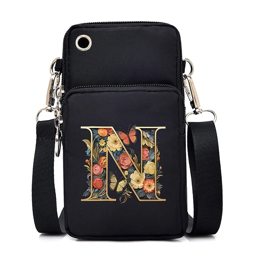Women’s Small Crossbody Mobile Phone Bag | Sophisticated Vintage Flower & Alphabet Purse | Elegant Mini Messenger with Soft Leather Strap | Fashion-Forward Cartoon Applique Shoulder Bag (Model 858) Luxegan