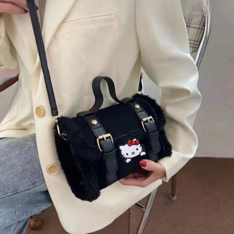 Hello Kitty Lambswool Velvet Crossbody Bag | French Korean Style Soft Small Square Purse (Women) Luxegan