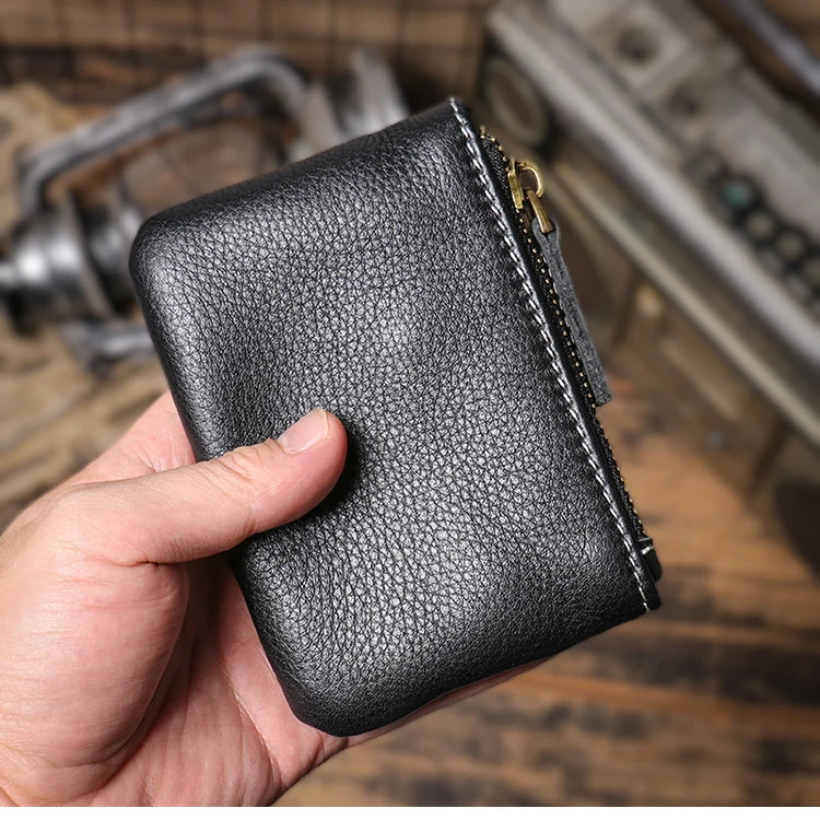 GURO Mini Monedero de Cuero Genuino de Lujo para Hombre, Cartera Corta con Cremallera, Pequeño Estuche de Cuero Vacuno para Mujer, Tarjetero, Bolsas Cuadradas Diarias para Llaves