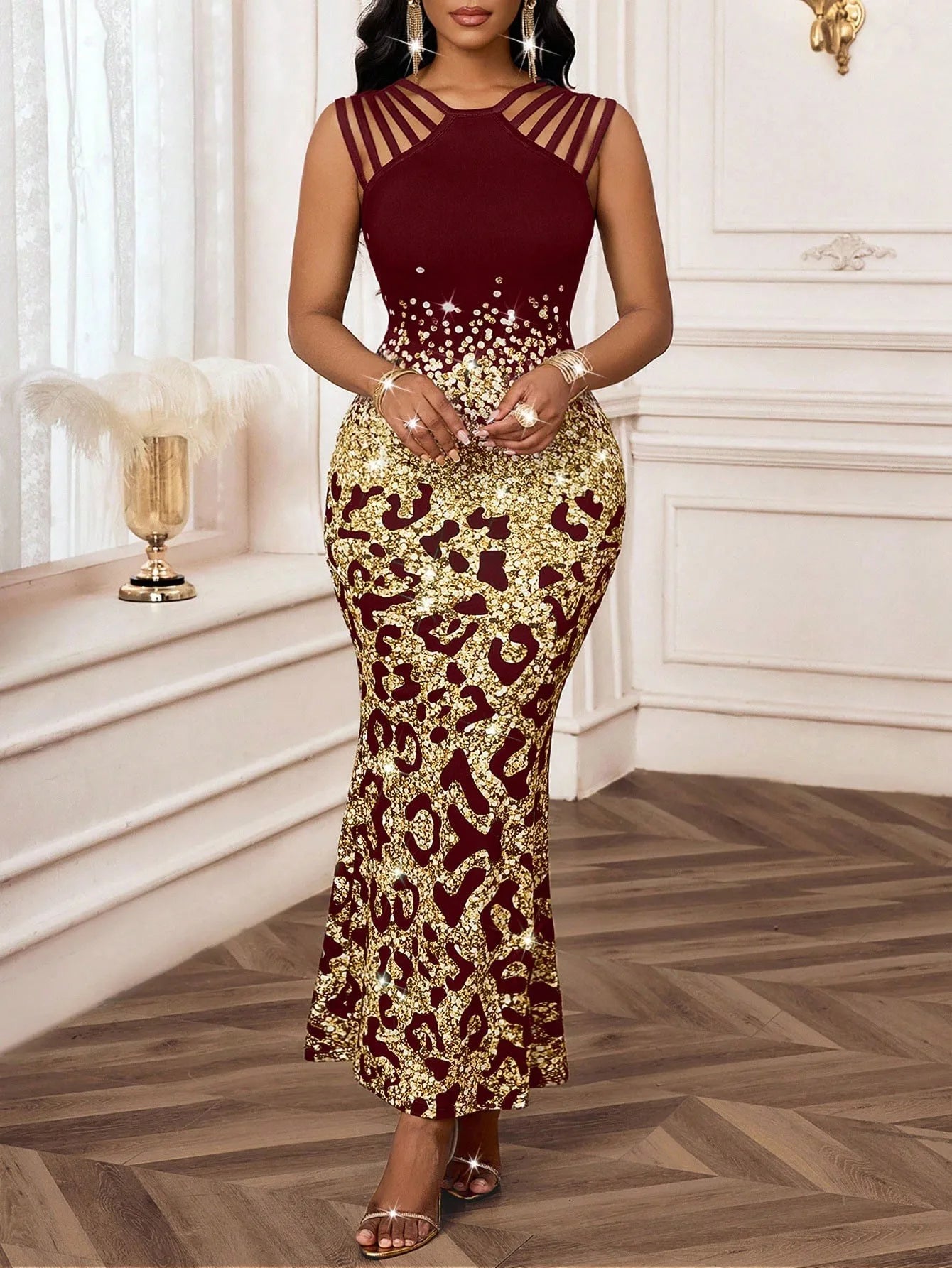 Sleeveless Printed Knit A-Line Ankle-Length Maxi Dress | Elegant Special Occasion Dress Luxegan