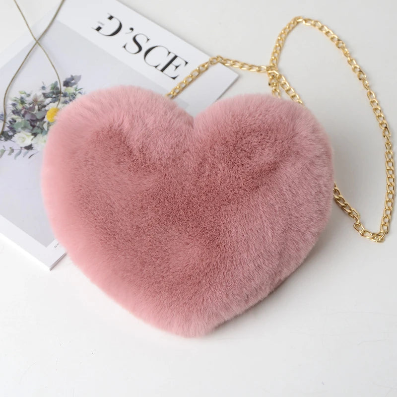 Corduroy Floral Casual Tote | Soft Cute Heart-Shaped Faux Fur Chain Shoulder Bag Luxegan