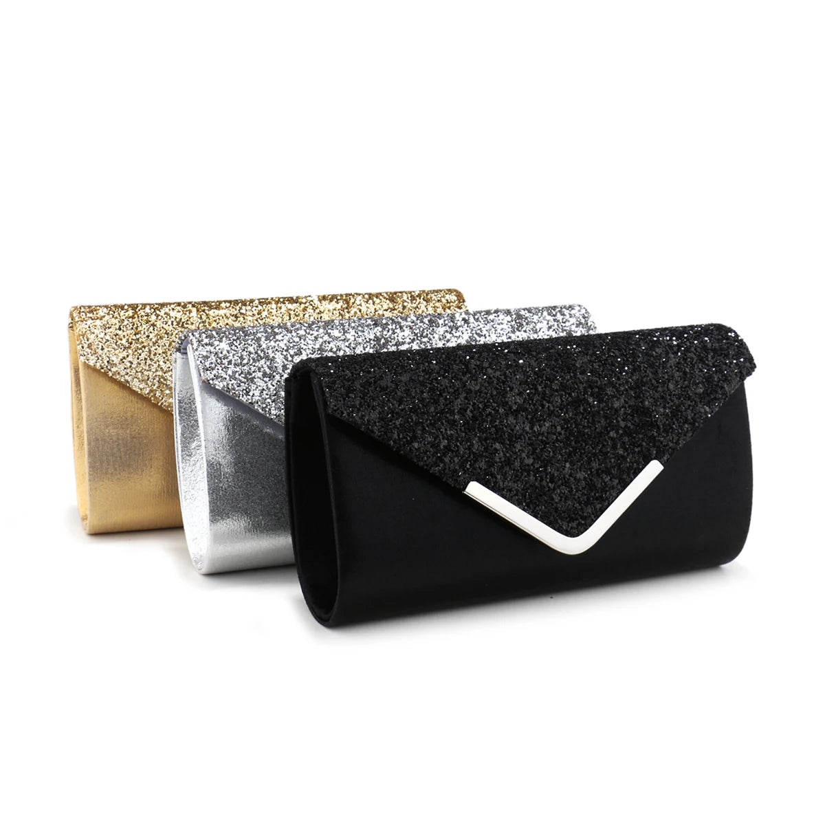 Sequined Envelope Clutch | Hard Silver V Design Metal Chain Evening Bag Luxegan