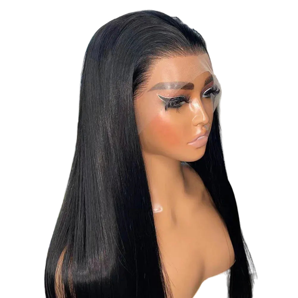 Long Jet Black Silky Straight Futura Synthetic 13x4 Lace Front Wig - 150% Density Glueless Pre-Plucked Hairline Wig - Japan Heat-Resistant Fiber Free Part Wig for Black Women (#1 Black) Luxegan