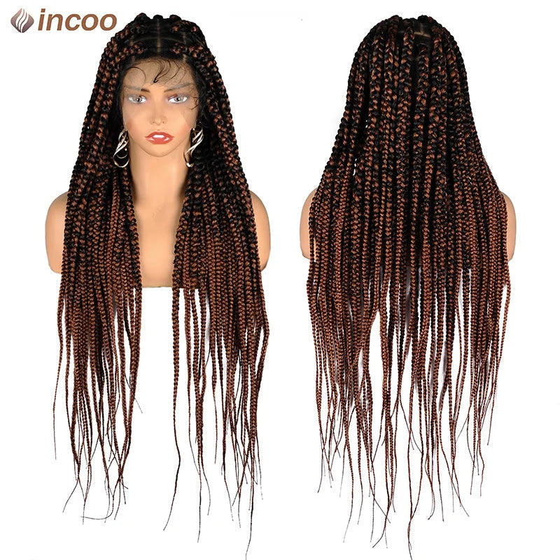 Synthetic Large Box Braided Wigs Jumbo Knotless Full Lace Front Wigs For Black Women Jumbo Tribal Braids Faux Locs Cornrows Wig Luxegan