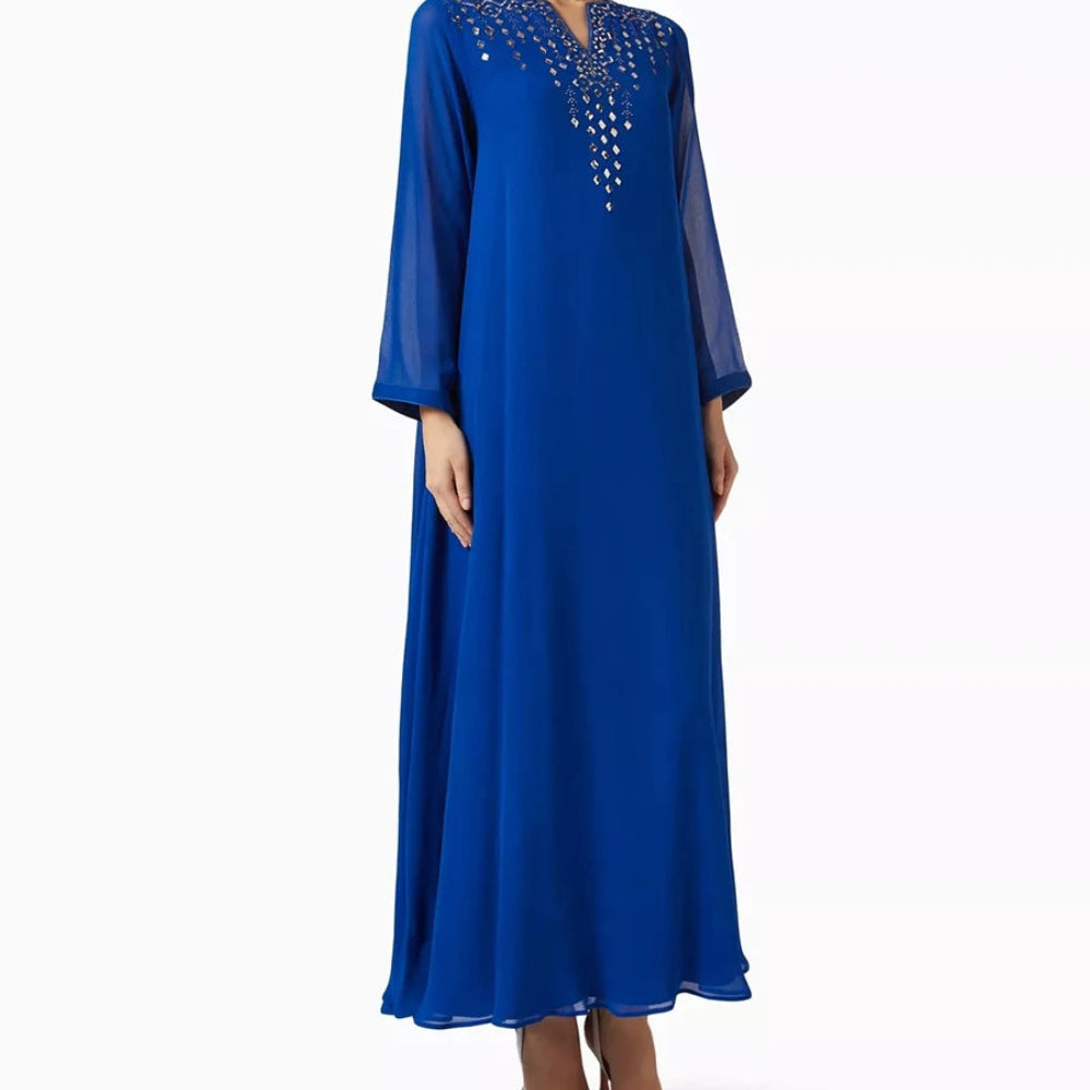 Sequined Draped A-Line Prom Dress | V-Neck Full Sleeve Ankle-Length Evening Gown Luxegan