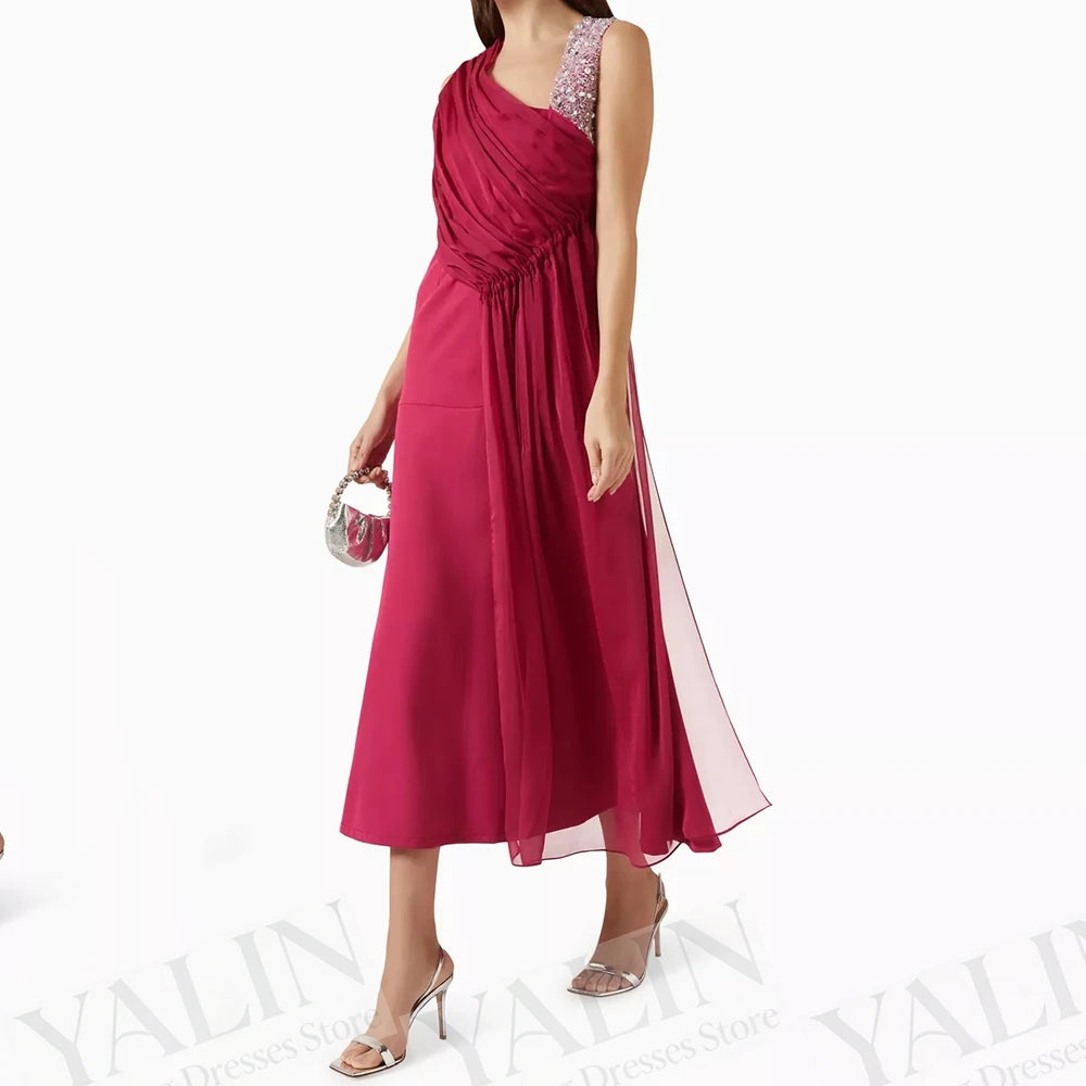 Sequined Pleat A-Line Evening Gown | V-Neck Sleeveless Tea-Length Prom Dress Luxegan