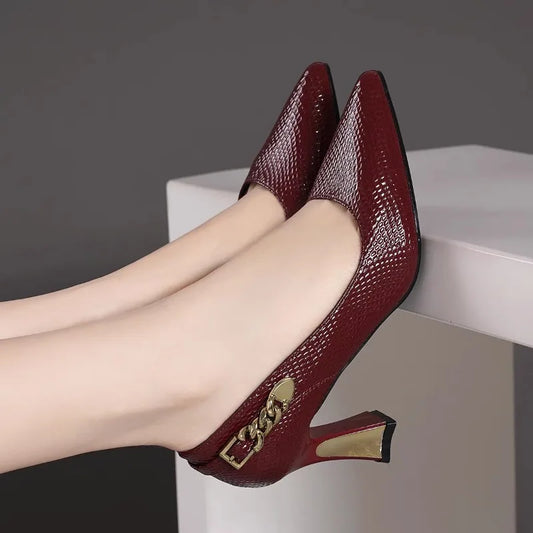 Wine Snakeskin Stiletto High Heels | Sophisticated Pointed Toe Women’s Pumps | Elegant "Handmade Snakeskin Pattern" Silhouette | "Dignified" Square Heel Stability for Radiant Versatile Styling Luxegan