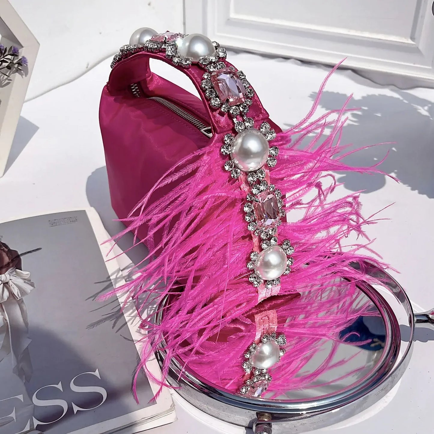 Luxury Feather & Pearl Evening Clutch | Designer Satin Wedding Purse with Diamond Decoration | Fashionable Sparkling Square Party Tote | Elegant White Satin Flap Handbag Luxegan