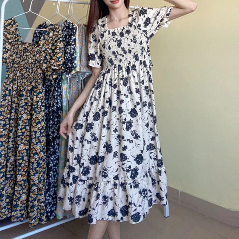 Women's Printed Chiffon Short-Sleeve Dress | Elastic-Waist Pleated A-Line Summer Dress | Slash-Neck Knee-Length Casual Slim-Fit Gown Luxegan