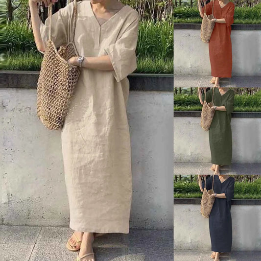 Women's Casual Solid Color Cotton Linen Long Dress | Vintage Loose Short Sleeve Holiday Maxi Dress | Simple Style V-Neck Summer Vestido | Premium Breathable Lightweight Casual Gown Luxegan