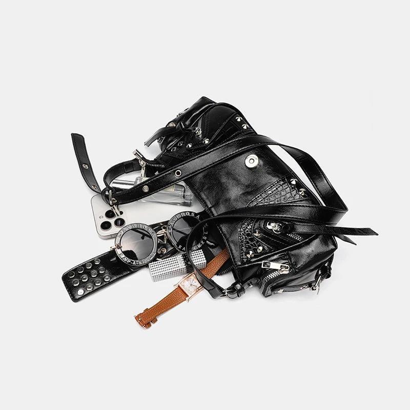 Punk Girl Style Rivet Underarm Bag | Solid Color PU Motorcycle Style Single Shoulder Crossbody Messenger Bag Luxegan