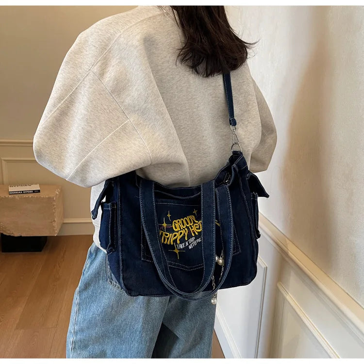 Large Capacity Denim Bag for Women | Casual Versatile Crossbody Commuting Bag | Travel Storage Bucket Handbag Luxegan