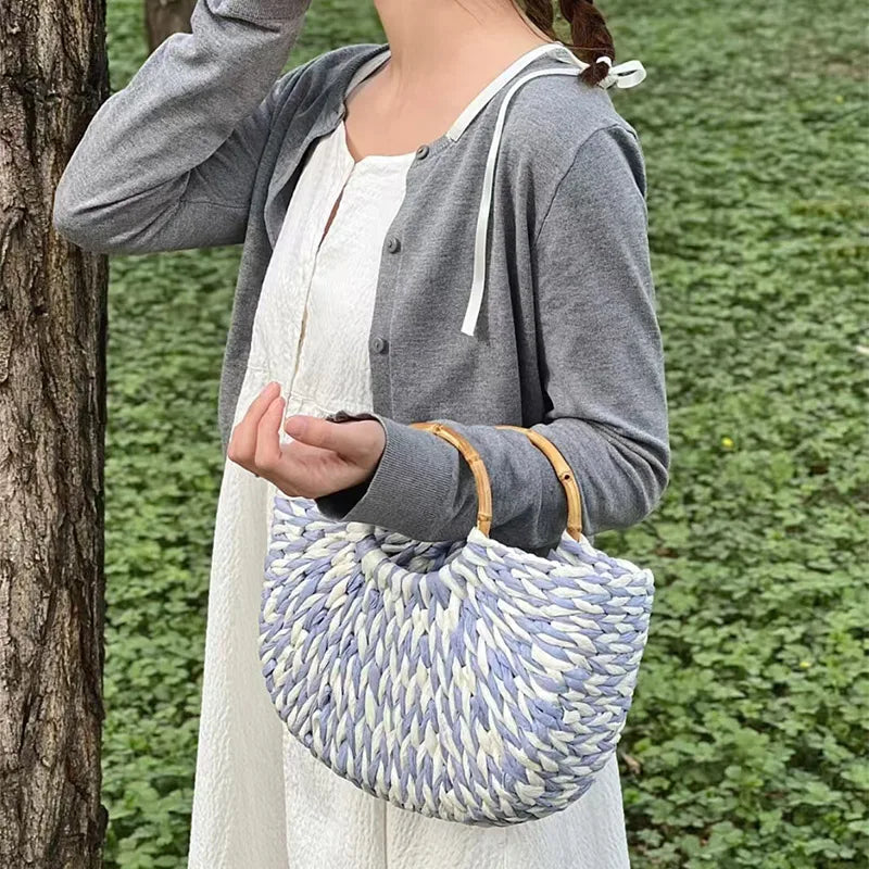 Designer Women's Pearlescent Inlay Half Moon Crossbody Bag | Exquisite Shell Beaded Handbag with Sequin & Wooden Handle Tote Luxegan