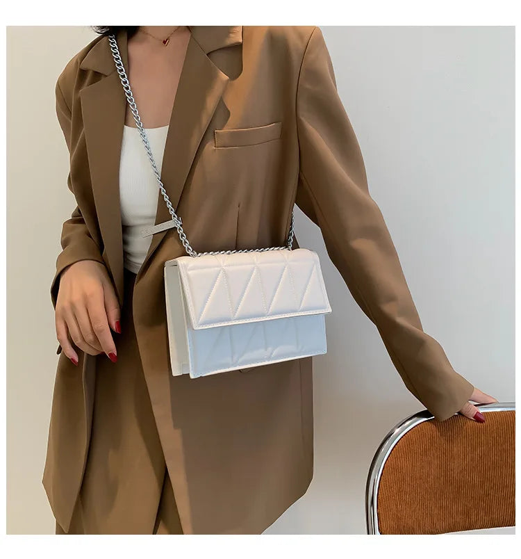 Embroidery Plaid Chain Flap Bag | Sophisticated Solid-Color Shoulder Handbag | Elegant Casual Crossbody Purse | "Dignified" Hard Square Bag for Versatile Daily Styling Luxegan