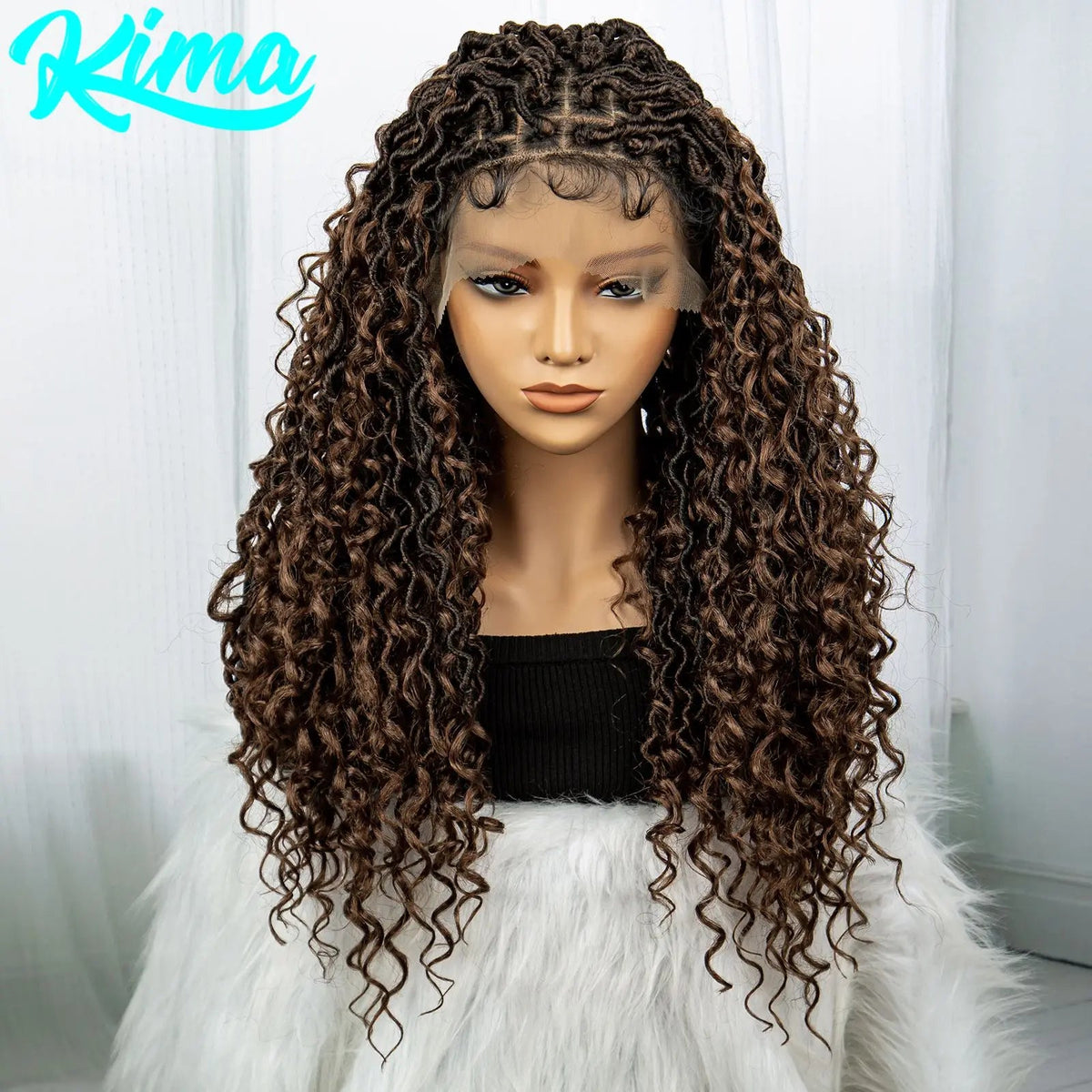 Faux Locs Braided Wigs Synthetic Dreadlock Braided Wigs With Curly Ends 26inch Lace Front Knotless Box Braids Wig with Baby Hair Luxegan