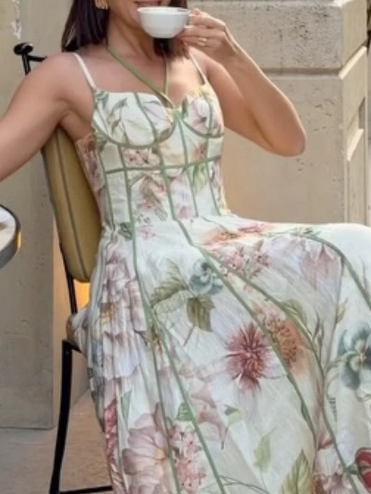 Women's Printed Sleeveless Halter Maxi Dress  | Elegant Waist-Cinching A-Line Vacation Dress | Summer Lady Tie-Dye Ankle-Length Streetwear | Slim Fit Premium All-Season Vestido Luxegan