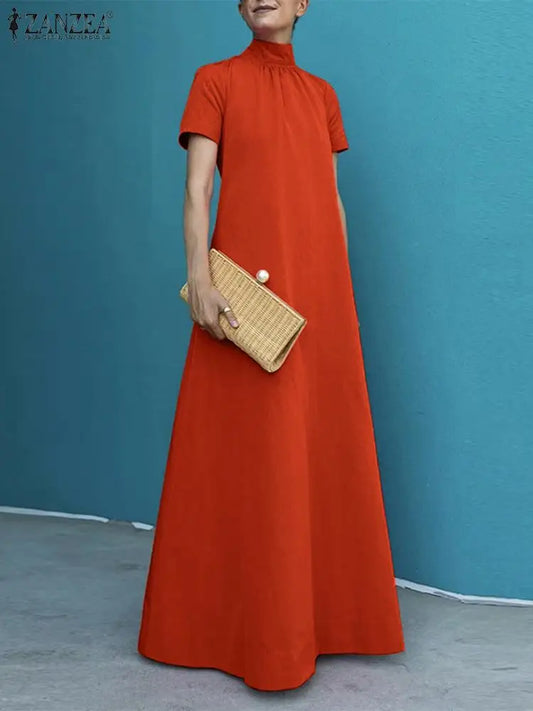 Turtleneck Short Sleeve Maxi Dress | Loose A-Line Elastic Waist Vintage Casual Dress Luxegan