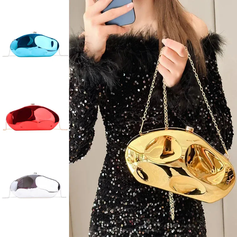 Hard Acrylic Shell Minaudiere | Gold/Silver/Blue Metal Shiny Evening Clutch Luxegan