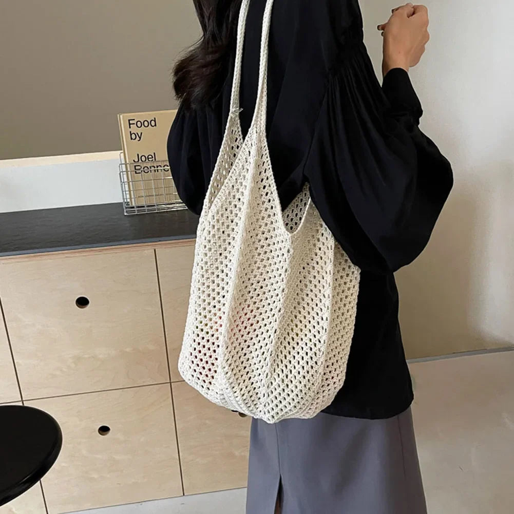 Fashionable Women’s Open-Weave Shoulder Bag | Large Capacity Knitted Underarm Bag | Minimalist Crochet Handbag | Summer Mesh Beach Bag for Vacation & Leisure Luxegan