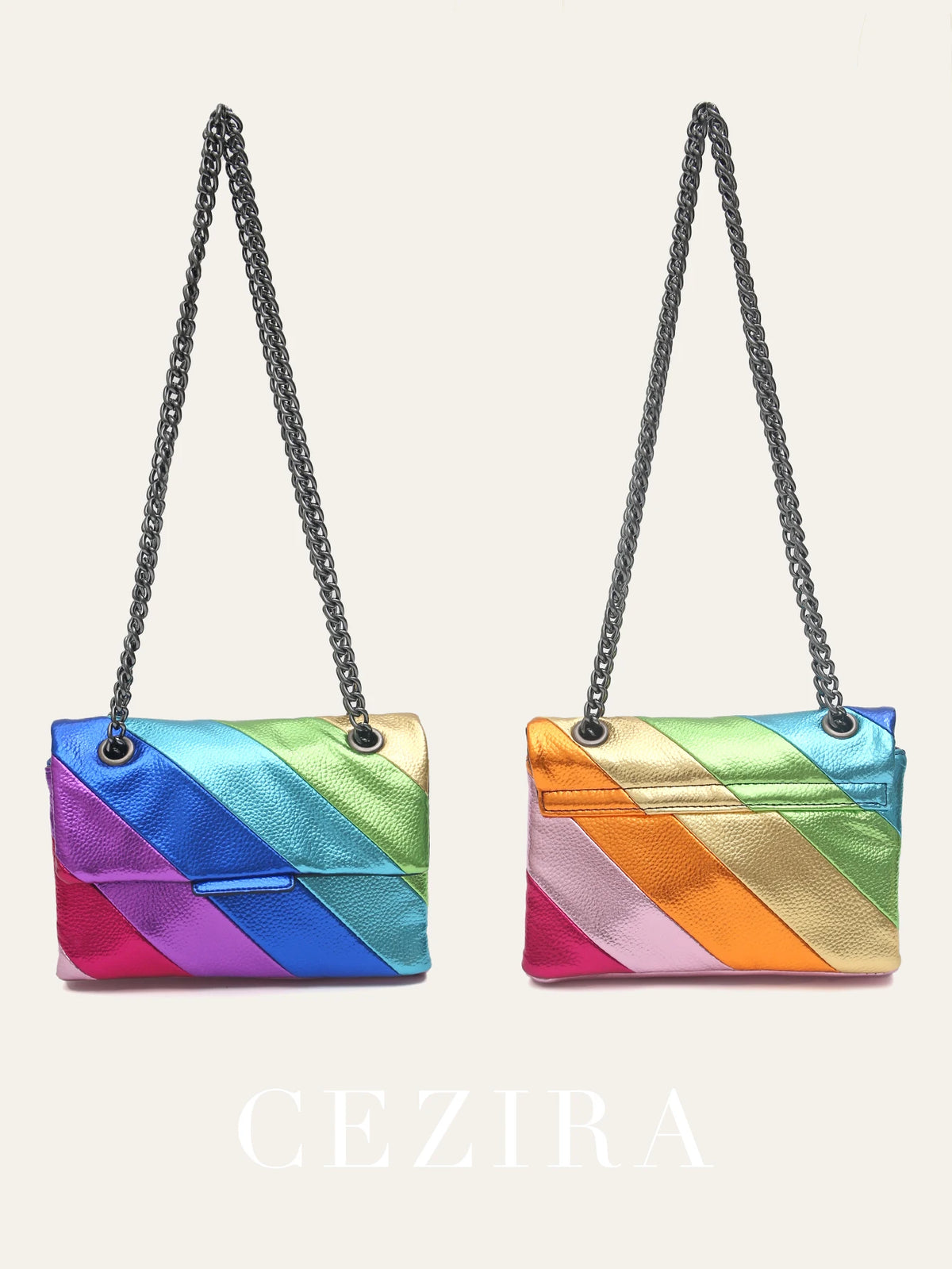 Women’s Metallic Rainbow Color Stripe Crossbody Bag | Fashion Vegan PU Leather Small Square Bag | Trendy Magnet Flap Cover Handbag with Metal Chain | Versatile Daily Shoulder Bag (Model CRP-2405042) Luxegan