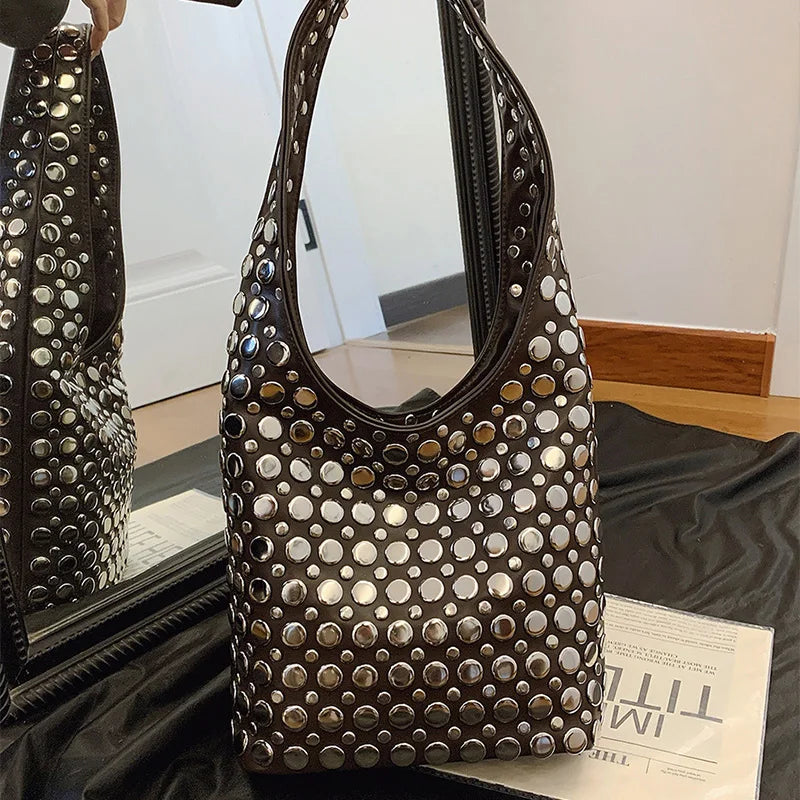 Women's Fashion Punk Metal Rivet Bucket Bag | High-End PU Suede Underarm Shoulder Tote | New Retro Trendy Motorcycle Handbag | Premium Solid Color Shoulder Bag with Hasp Closure Luxegan