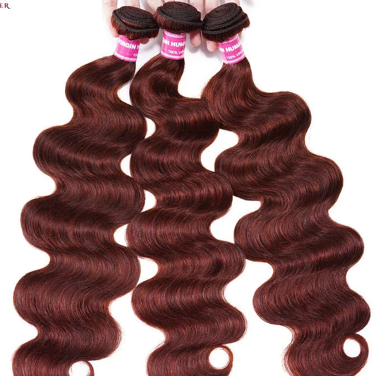 Grade 12A Reddish Brown Human Hair Bundles with Closure | Premium Brazilian Body Wave 3 Bundles with 4x4 Lace Closure | Luxury Colored Remy Human Hair Extensions | Safe to Perm Standard 4-Piece Complete Hair Matrix Luxegan