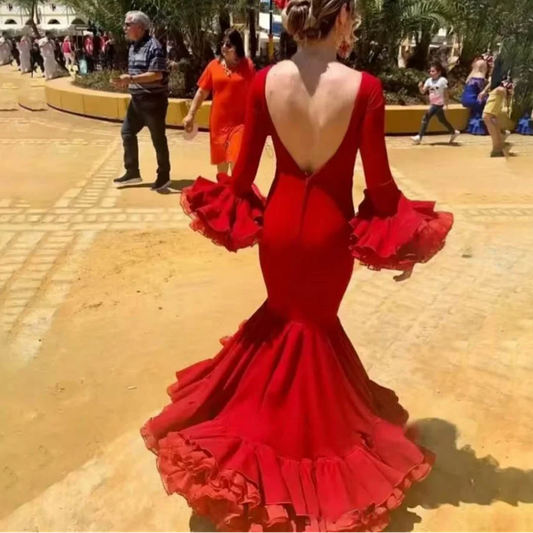 Stunning Vibrantly Red Mermaid Prom Dress | Elegant Boat-Neck Ruffled-Sleeve Evening Gown | Backless Floor-Length Satin Formal Dress with Sweep Train Luxegan