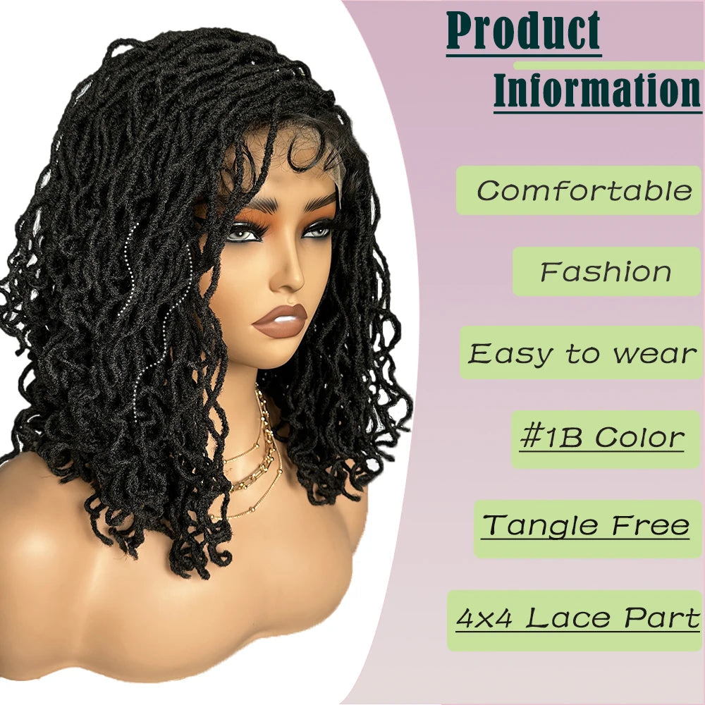 Synthetic 4x4 Lace Front Braid Wig 14inch Curly Faux Locs Dark Burgundy Large Parting Space Twist Dreadlock Wigs for Black Women Luxegan