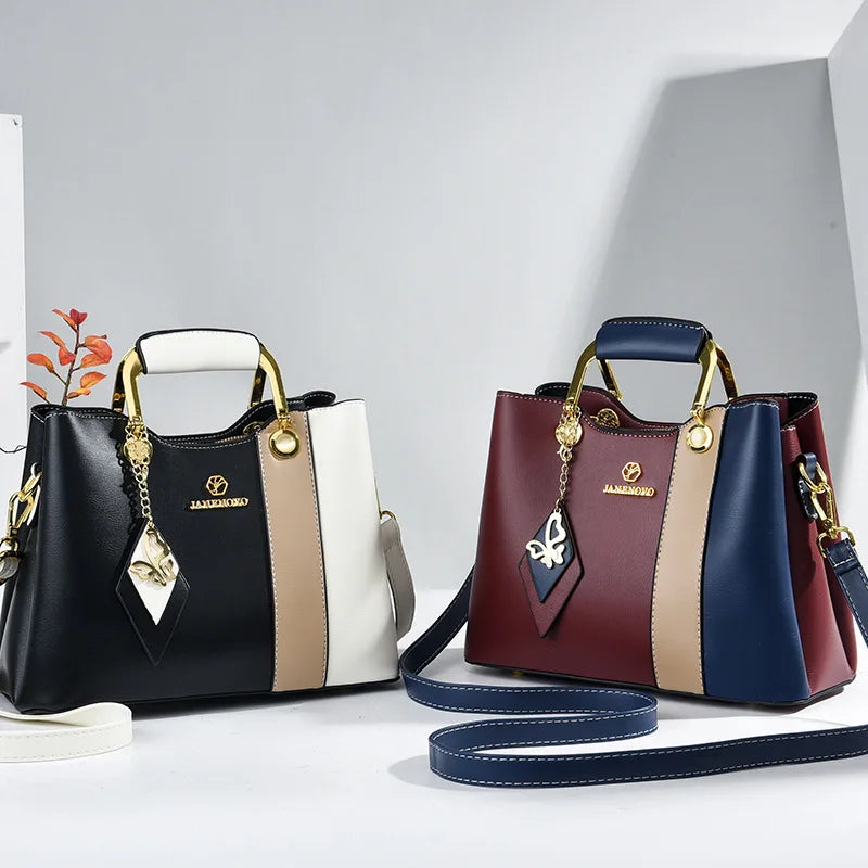 Women’s Fashion Cat-Themed Satchel | Sophisticated Top-Handle Handbag | Fashion-Forward Patchwork Shoulder Bag | Elegant Crossbody Purse with Tassel Decoration Luxegan