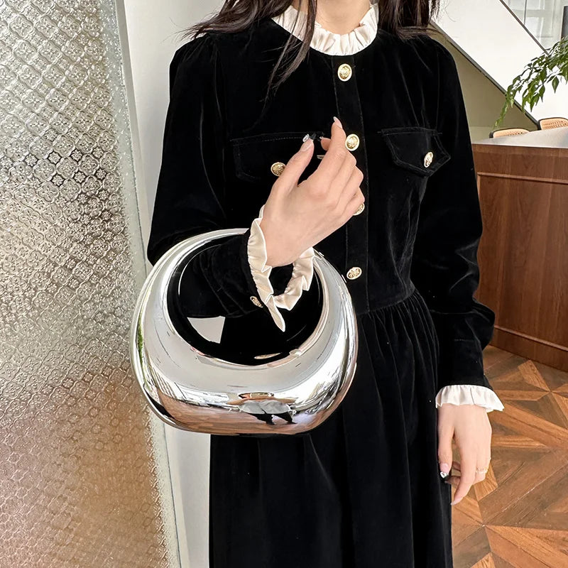Golden Evening Handbag | Round Handle PVC Wrist Bag & Luxury Designer Clutch Luxegan
