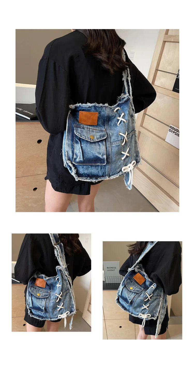 Washed Denim Shoulder Bag for Women Handbags | Large Capacity Female Messenger Bags | Soft Jeans Casual Big Totes Shopping Bag Luxegan