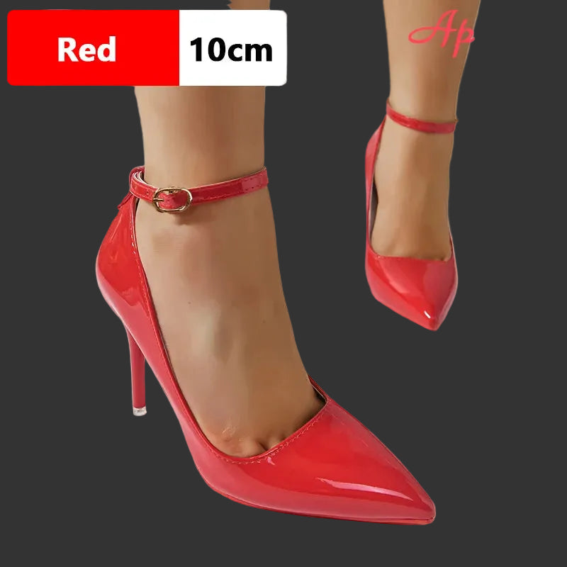 Metal Belt Buckle Stiletto Pumps | Sophisticated 10cm/12cm Pointed Toe Heels | Elegant "Super Big Size" 48 49 50 Party Shoes | "Dignified" Patent Leather Goblet Heels for Radiant Versatile Styling Luxegan