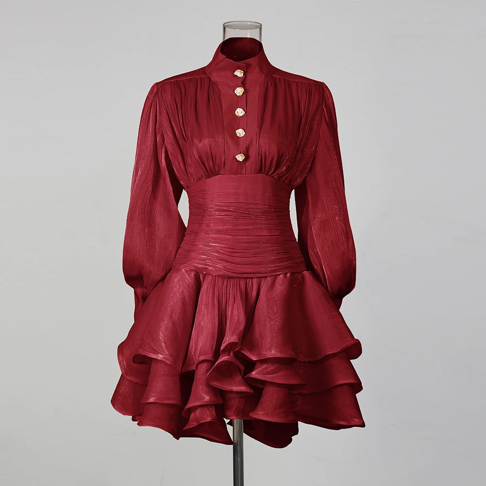 Solid Stand Collar Long Puff Sleeve Tiered Detail Slim Fit A-Line Knee-Length Dress – Empire Waist, Spring/Summer Luxegan