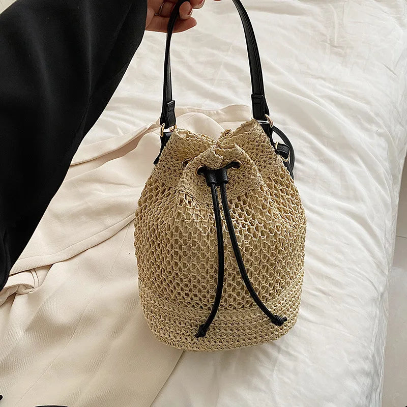 Simple Straw Bucket Bag for Women | Woven Handmade Shoulder Bag & Drawstring Crossbody Bag (Rattan Beach Bag for Girls & Travel Purse) Luxegan