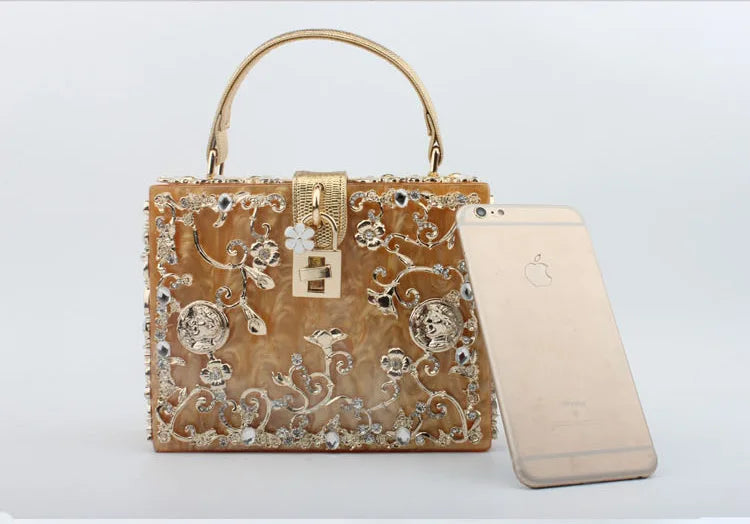 Designer Box Evening Bag | Luxury Diamond Flower Acrylic Clutch | Hollow Relief Banquet Party Purse with Organic Cotton Lining Luxegan
