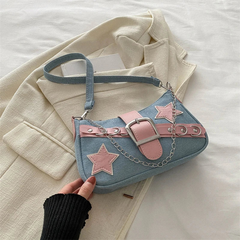 Fashion Women's Handbags Denim Stars Pattern | Cool Girls Underarm Bag Female Small Shoulder Hobo Bags Chain Tote Bag Luxegan