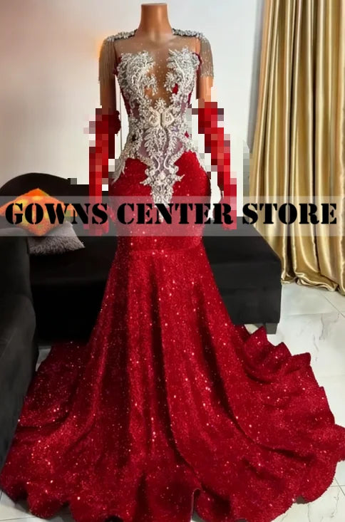 Royal Blue Luxury Crystal Beaded Mermaid Prom Dress | Exquisite Tassel Evening Gown with Matching Gloves | Sleeveless O-Neck Velour Formal Dress with Sweep Train Luxegan