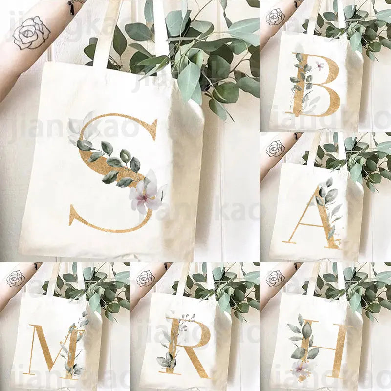 Leaves Plant Initial Print Canvas Tote Bag | Reusable Summer Beach & Shopping Handbag with Hasp Closure Luxegan