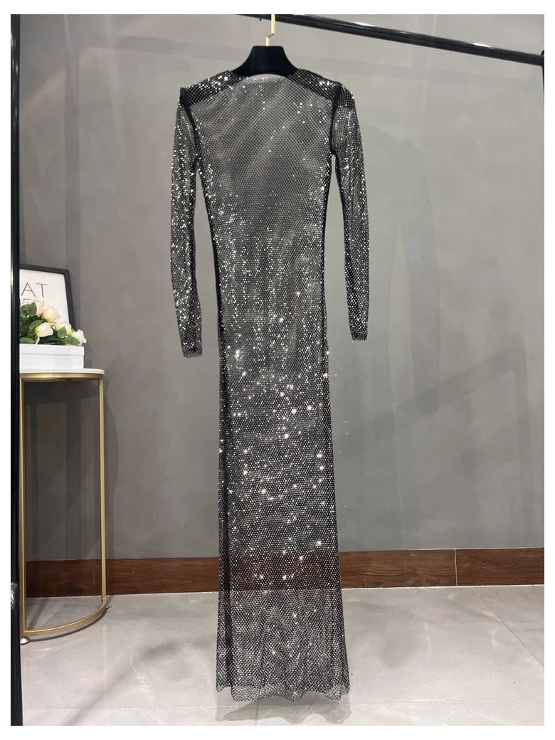 Long Sleeve Rhinestone Diamond Hollow-Out Sheath Maxi Dress | Sexy Club Glam Floor-Length Gown Luxegan