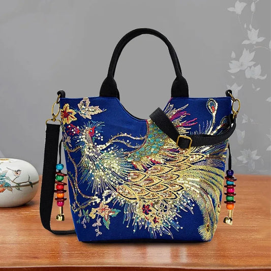 Ethnic Style Sequins Tote Bag | Peacock Embroidery Handbags & Vintage Canvas Crossbody Bag Luxegan