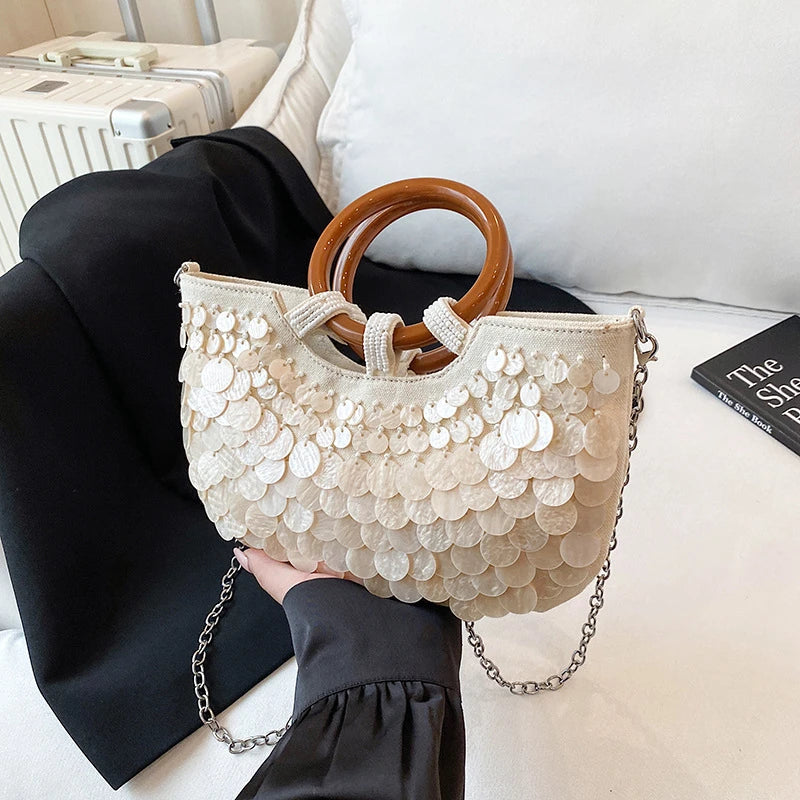 Luxury Woven Seashell Shoulder Bag | Sophisticated "Mermaid Style" Silhouette | Elegant Fairy Beaded Crossbody | "Dignified" High-Performance Embroidered Bead Essential for Radiant Versatile Styling Luxegan